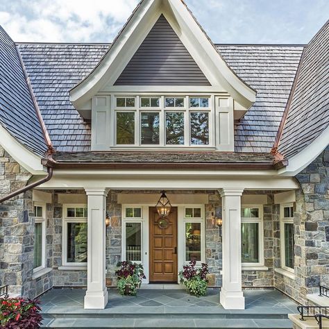 Window character adds so much value to your home. This home has almost a fairytale feel! 🏡✨ ⠀ ⠀ Architec Traditional Exterior Homes, Exterior Home Renovation, Garden Pathways, Front Doors With Windows, Exterior Home, Traditional Exterior, Stone Walls, Front Entrance, Exterior Stone