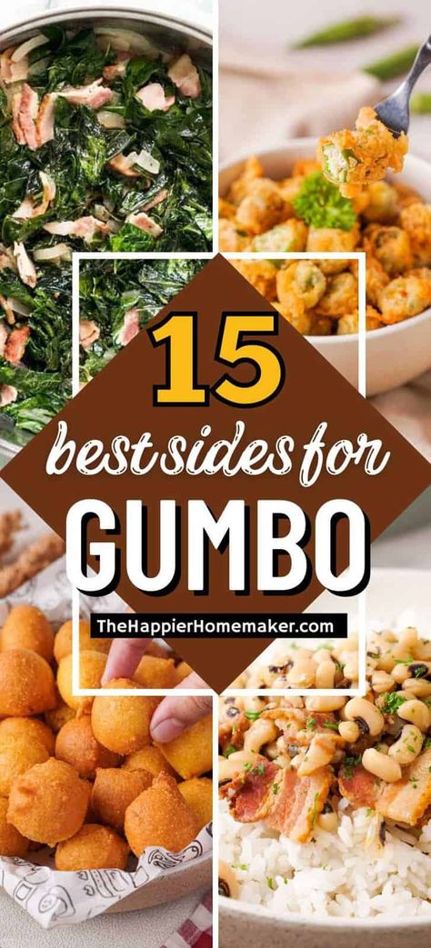 Wondering what to serve with gumbo? Explore 15 of our favorite pairings for this classic Cajun dish! What Side Dish Goes With Gumbo, What Goes With Gumbo, Gumbo Dinner Sides, Gumbo Dinner Party, Sides With Gumbo, Gumbo Side Dishes, Sides For Gumbo, Cajun Potluck Dishes, Cajun Sides Dishes