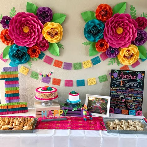 Fiesta Party Decorations - Paper Flowers - First Birthday I just wanted to share a few decor photos from Amerie’s First Fiesta. It was sooo much fun (and a tremendous effort) putting this together.… #diypartydecorationspaper Coco Birthday, Coco Party, Mexican Birthday Parties, Taco Twosday, Mexican Theme Party, First Fiesta, Mexican Party Decorations, Mexican Fiesta Party, Fiesta Birthday Party