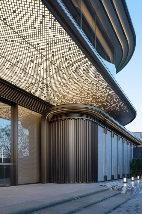 Architecture Facade Design, Perforated Panel, Architecture Facade, Hotel Facade, Retail Facade, Commercial Design Exterior, Exterior Facade, Building Entrance, Facade Architecture Design