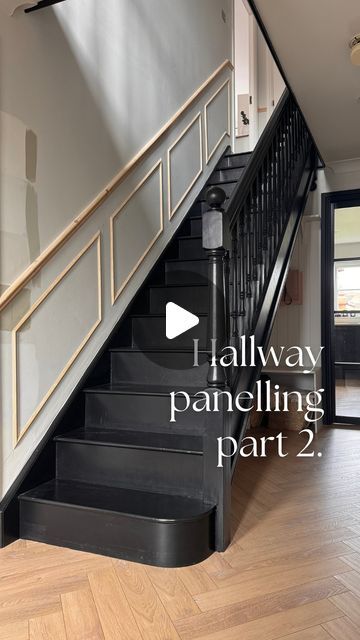 Georgina Raine on Instagram: "✨Hallway panelling part 2 ✨  Mitre shears will be your best friend! ✂️ I’ll link them in my stories along with the mouldings I’ve used. For more info & how to calculate your mouldings, check out my “hallway pt2” highlights   #hallway #hallwayinspo #hallwaydesign #hallwaydecor #hallwaypanelling #panelling #panelledwalls #wainscoting #diy #panellingideas #panelledhallway #howtopanel #diytips #diyhomedecor #hallwayinspiration #blackstairs #staircase" Landing And Hallway Ideas, Wall Panels On Staircase, Colours For Hallways Stairs, Beading Panelling Hallway, Hallway Panelling Black Stairs, Paneling Hallway Ideas, Hallway Staircase Ideas, 2 Colour Hallway, Hall Stairs Panelling