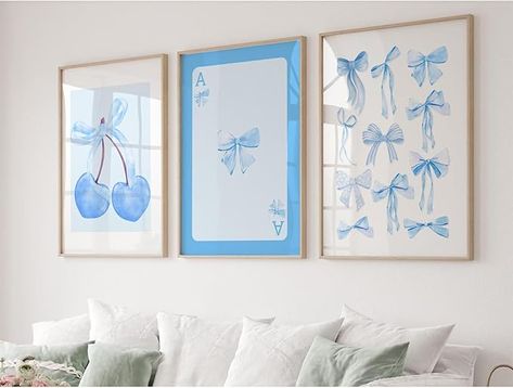 Preppy Bow Wall Art Decor Blue Aesthetic Canvas Wall Art Poster Coquette Girly Wall Art Decor Preppy Cherry Poster Trendy Picture Prints for Bedroom College Apartment 12x16 Inch Unframed Set of 3 Adpi Room Decor, Set Of 3 Wall Art Preppy, Blue And White Pictures On Walls, Grandmillenial Bathroom Decor, Bathroom Wall Art Blue, Blue And White College Bedroom, Dorm Inspo Aesthetic Blue, Cute Bedroom Wall Art, Costal Granddaughter Dorm Room Decor