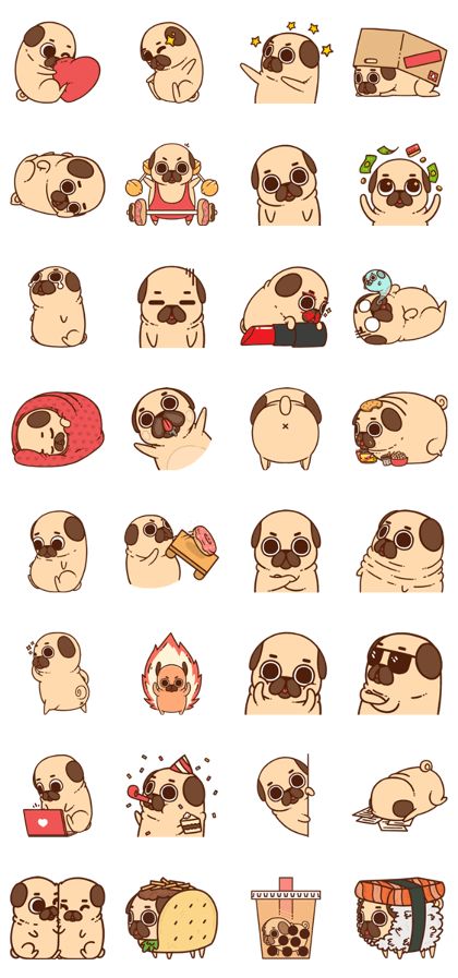 Pug Stickers Printable, Pug Cartoon Wallpaper, Pug Cartoon Drawing, Cute Pug Drawing, Pug Kawaii, Pug Drawing, Pug Wallpaper, Pug Cartoon, Pug Tattoo