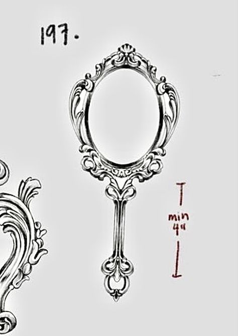 Victorian Mirror Drawing, Vintage Hand Held Mirror Tattoo, Hand Mirror Drawing, Mirror Tattoo Reflection, Traditional Hand Mirror Tattoo, Vintage Hand Mirror Tattoo, Gothic Mirror Tattoo, Vintage Mirror Drawing, Hand Mirror Tattoo