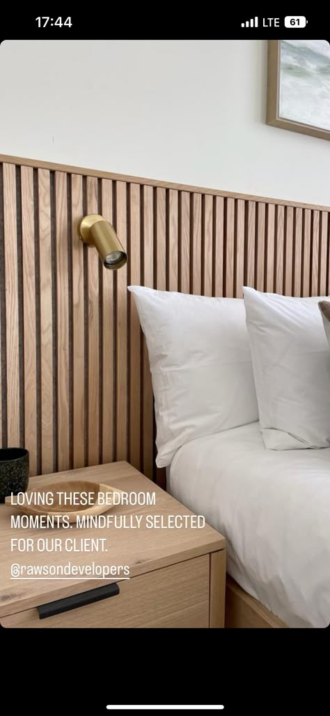 Wood Panelled Headboard, Slatted Accent Wall Bedroom, Acoustic Wall Bedroom, Slat Panel Headboard, Slatted Wood Headboard Wall, Wood Slat Half Wall Bedroom, Wood Slats On Wall Diy, Wall Panelling Bedroom Headboards, Acoustic Panel Headboard