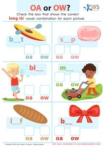 Reading: OA or OW Worksheet for kids Ow Sound, Vowel Digraphs, Long Vowel Sounds, Decoding Words, Alphabet Phonics, Long Vowel, Spelling Practice, Worksheet For Kids, Line Game