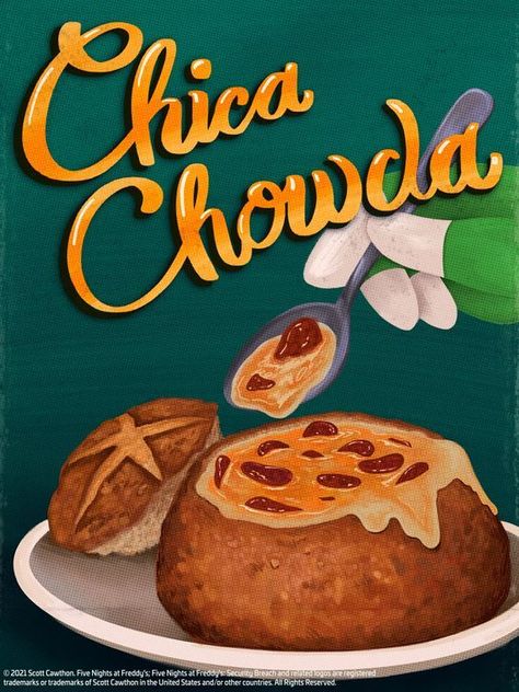 FNAF Chica Chowda Fnaf Poster, Glamrock Chica, Diner Menu, Fnaf Oc, Fnaf Sb, Scott Cawthon, Bread Bowls, Security Breach, Steel Wool