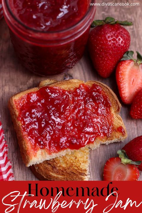 Thick and delicious homemade strawberry jam made with only 3-ingredients! Chicken And Waffles Brunch, Strawberry Jam Recipe No Pectin, Cheap School Lunches, Cinnamon Rolls Ideas, Farmstand Recipes, Strawberry Jelly Recipes, Divas Can Cook Recipes, Waffles Brunch, Jar Meal Prep