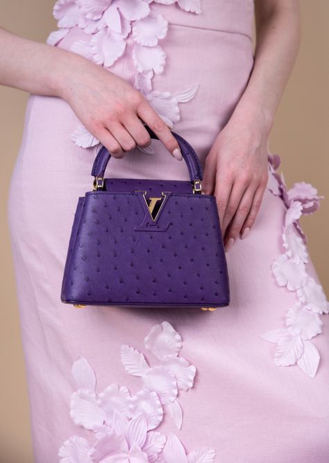 LV - Mini Capucine in Ostrich Purple Lv Capucine, Luxury Purple Shoulder Bag With Detachable Strap, Luxury Lavender Shoulder Bag For Women, Luxury Lavender Shoulder Bag, Luxury Purple Shoulder Bag With Detachable Handle, Ostrich Bag, Luxury Purple Shoulder Bag With Gold-tone Hardware, Louis Vuitton Pink, Purple Bag