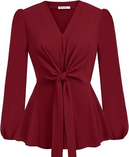 Women's Wine Red Peplum Tops V Neck Bell Sleeve Tops Tie Front Elegant Work Blouses S at Amazon Women’s Clothing store Red Peplum Tops, Bell Sleeve Tops, Peplum Tops, Work Blouses, Woman Wine, Black Peplum, Tops Blouse, Elegant Blouses, Work Blouse