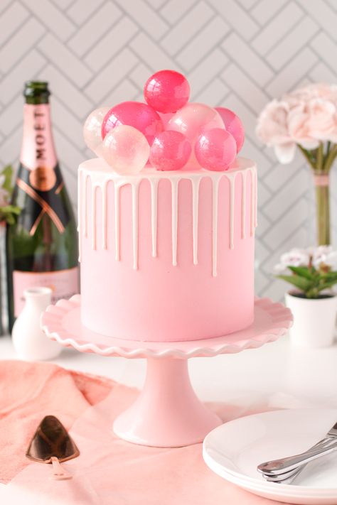 Pink Champagne Cake with Gelatin Bubbles - Bakes and Blunders Gelatin Bubble Cake, Bubble Themed Cake, Bubble Cake Birthday, Bubble Gum Birthday Cake, Bubble Gum Themed Birthday Party, Icky Sticky Bubble Gum Birthday, Cake With Bubbles, Bubble Birthday Cake, Cake With Gelatin