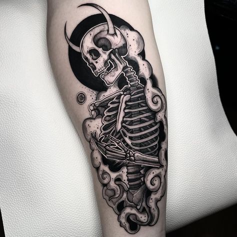 Skeleton Tattoos, Dot Work Tattoo, Tattoo Supplies, Blackwork Tattoo, Black And Grey Tattoos, Leg Tattoos, Blackwork, Skull Tattoo, Black And Grey