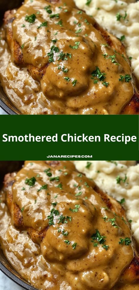 Craving a hearty dish that everyone will love? Discover this smothered chicken recipe, featuring tender chicken in a rich sauce. Quick to make, it’s an ideal choice for family gatherings or casual dinners. Smothered Chicken Recipe, Smothered Chicken Recipes, Smothered Chicken, Gravy Sauce, Yummy Chicken Recipes, Savory Sauce, Tender Chicken, Chicken Crockpot Recipes, Yum Yum Chicken