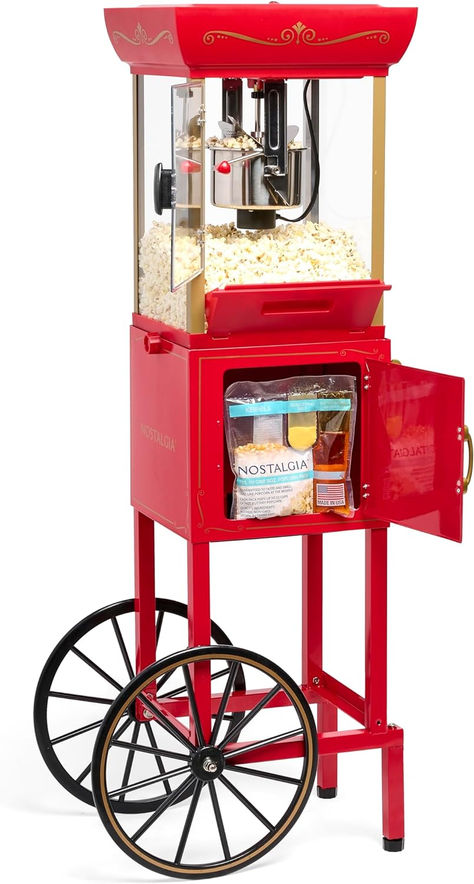 Professional Cart With 2.5 Oz Kettle Makes Up to 10 Cups - Vintage Popcorn Machine Movie Theater Style - Popcorn Stand Cart With Wheels - Red Projector Screen Stand, Vintage Popcorn Machine, Popcorn Stand, Vintage Popcorn, Popcorn Cart, Popcorn Makers, Cart With Wheels, Popcorn Machine, Popcorn Bucket