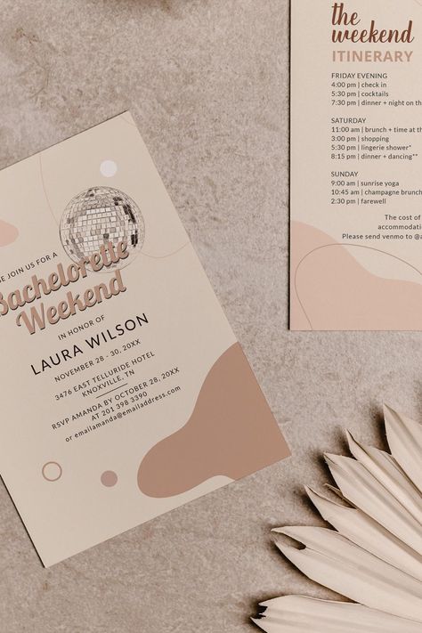 Retro Disco Bachelorette Weekend Party Itinerary Invitation Bachelorette Party Disco, Itinerary Invitation, Party Itinerary, Bachelorette Weekend Itinerary, Cowgirl Bachelorette Parties, Disco Bachelorette, Bachelorette Weekend Invitations, Champagne Brunch, Bachelorette Party Supplies