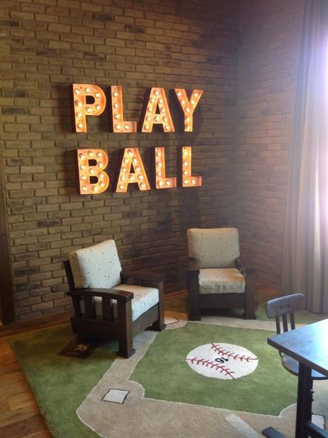 Get ideas for your kids' playroom from this fun sports-themed space, featured at HGTV.com. Baseball Rug, Boys Baseball Bedroom, Baseball Bedroom Decor, Baseball Themed Bedroom, Neutral Playroom, Fun Playroom, Baseball Bedroom, Fun Bedroom, Ball Room