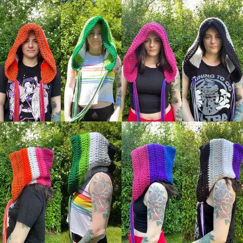 Pride Flag Hoods that are currently available! 🏳️‍🌈🫶🏻 SOLD OUT: Transgender & Dark Rainbow #crochet #crochethood #pride #prideflag #lgbtqia #pridemonth2024 Trans Crochet Ideas, Trans Crochet, Pride Crochet, Dark Rainbow, Crochet Hood, Rainbow Crochet, Pride Outfit, Binder Covers, Pride Flag