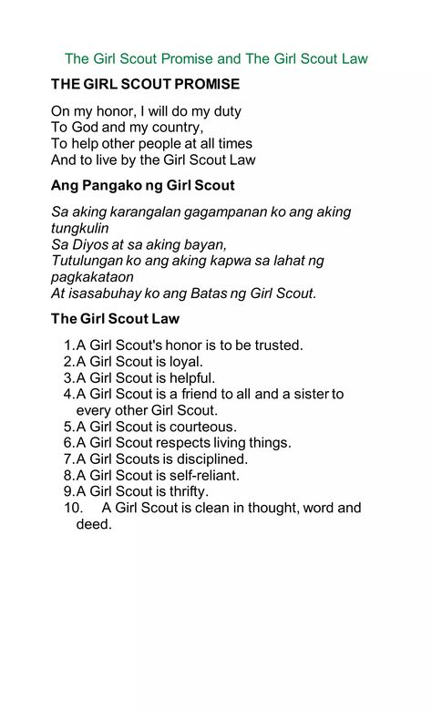 The girl scout promise and the girl scout law | PDF Girl Scout Law And Promise, Girl Scout Promise, Scout Law, Girl Scout Law, Investiture Ceremony, Girl Scout Juniors, Boy Blurred Pic, Multiplication Table, Girl Scout