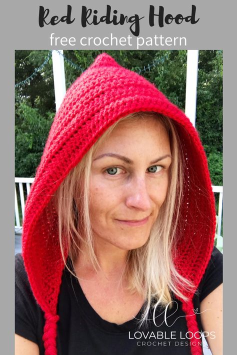 Free crochet pattern for Red Riding Hood. Sizes: toddler, child, youth and adult.  www.lovableloops.com Crochet Hood Pattern Free Women, Hood Pattern Crochet, Free Crochet Patterns For Hoods, Crochet Hood Pattern Diagram, Crochet Hat Hood, Crochet Hoodie Hat, Free Crochet Hooded Scarf Patterns, Crochet Adult Hood Hat, Crochet Hood Free Pattern