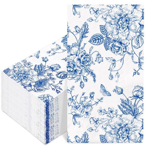 PRICES MAY VARY. WHAT YOU WILL GET: 100pcs paper guest napkins are contained in the set, delicate designs that make it suitable for the use on parties and dinner tables, and large quantity that are sufficient to meet your different needs. ELEGANT DESIGN: Printed with blue wildflowers patterns in the white background, exquisite and retro, full of chinoiserie style, great supplies for daily and party use. SAFE MATERIAL: Made of good quality paper, soft and degradable, not easy to tear, and with 3 Light Blue And White Sweet 16, Blue And White Floral Party, Blue Engagement Party Decorations, Dusty Blue Wedding Reception Decor, Blue Baby Shower Table Decor, Chinoiserie Napkins, Blue And White Bridal Shower Ideas, Chinoiserie Party, Wildflower Paper