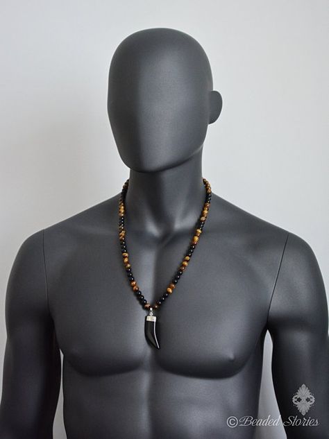 Healing crystal jewelry Men's necklace Viking jewelry Shamballa necklace Long horn necklace Tigers E Men's Earrings, Mens Beaded Necklaces, Moda Hippie, Long Horn, Horn Pendant Necklace, Outfit Hombre, String Necklace, Black Onyx Pendant, Necklace Mens