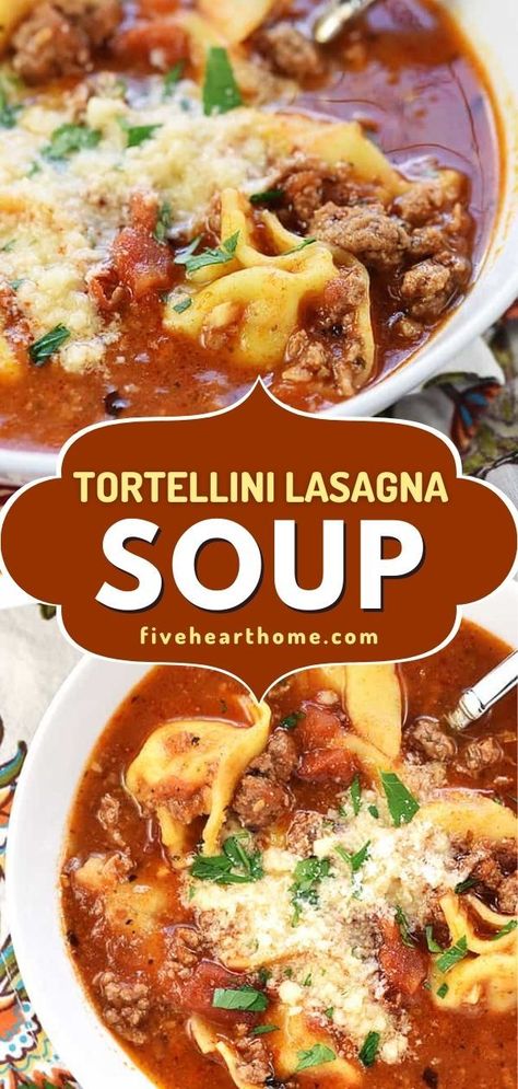 This fall dinner recipe on the stovetop is a quick and easy spin on the traditional! In just 20 minutes, you can have this Tortellini Lasagna Soup with ground beef, herbs, and Parmesan in a marinara-based broth. Such good comfort food! Ground Beef Tortellini, Lasagna Tortellini, Tortellini Lasagna, Tortellini Recipes Crockpot, Beef Tortellini, Blender Soups, Lasagne Soup, Lasagna Soup Crockpot, Lasagna Soup Recipe