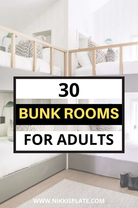 30 Bunk Room Ideas for Adults; Wondering what to do with that empty room? Here are 30 fun bunkbed room ideas for adults that are perfect for guests or parties! {bunk bed rooms, bunk bed designs, adult bunk beds, adult bunk bed rooms guest rooms} Hidden Bunk Beds Small Spaces, Cool Bunk Bed Rooms, Bunk With Queen Bed, Built In Bunks For Small Spaces, Bunk Room For Small Space, Bunk Room With Low Ceiling, Bunk Bed Arrangement Ideas, How To Make Built In Bunk Beds, Guest Room For Multiple Guests