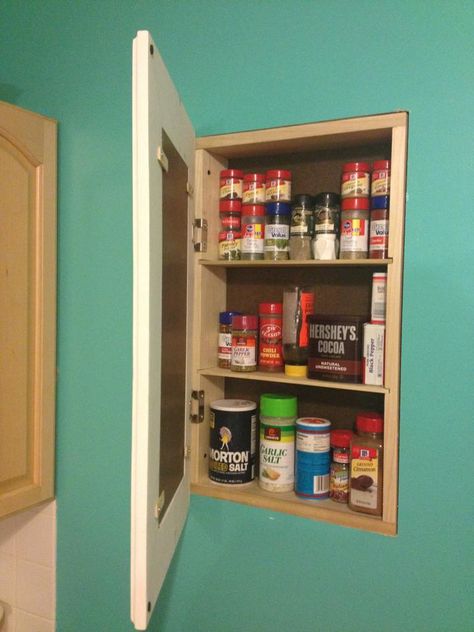 My wife wanted somewhere to store her spices so they wouldn't be all piled up in a cabinet. Since I'm fond of "secret compartments", I decided to build some shelves in a cavity of the kitchen wall and build a door that would double as a picture frame. The shallow depth of the wall cavity helps keep everything in front where it can be easily seen. **Before you finalize a location, determine if there will be any electric lines, plumbing, heater ducts, or any other obstruction t... Diy Storage Space, Recessed Storage, Recessed Cabinet, Secret Storage, Space Projects, Bathroom Storage Cabinet, Diy Cabinets, Storage Diy, Clever Storage