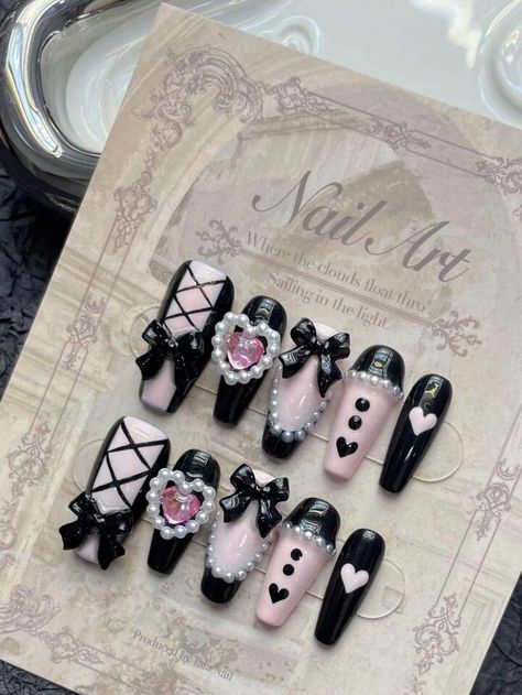 Black And Light Pink Nails, Black Pink Nails, Black And Pink Nails, Pink Black Nails, Bday Nails, Bow Tie Design, Handmade Nails, Ballet Nails, Light Pink Nails