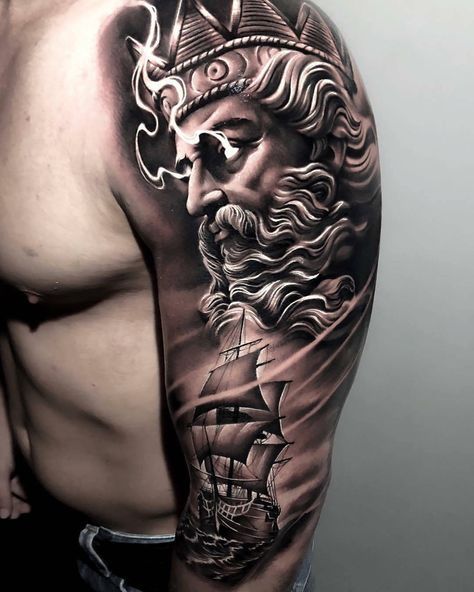 Greek God Tattoo, Poseidon Tattoo, Zeus Tattoo, G Tattoo, Greek Mythology Tattoos, God Tattoos, Mythology Tattoos, Leg Tattoo Men, Ship Tattoo