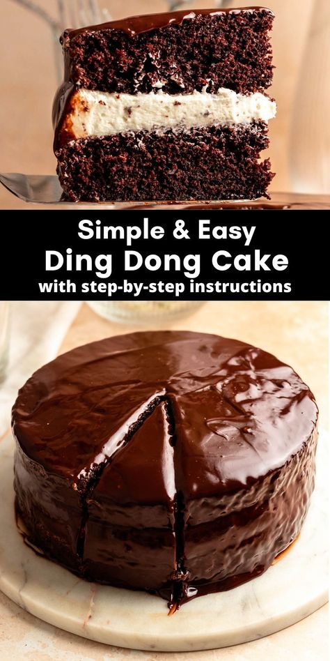 This ding dong cake is a rich and moist chocolate cake, that is filled with a creamy cream center and is topped with silky smooth chocolate ganache. Large Chocolate Cake Recipe, King Dong Cake, French Chocolate Cake, Chocolate Bavarian Cream Cake, Easy Ding Dong Cake, Chocolate Ding Dong Cake, Planet Chocolate, 9 Inch Chocolate Cake Recipe, Chocolate Torte Recipe