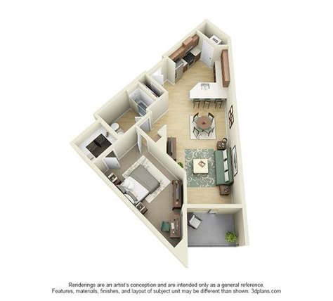 Studio, 1, 2 and 3 Bedroom Apartments in Los Angeles Bedroom Shapes Layout, Mini House Plans, Small Apartment Layout, Studio Floor Plans, Beautiful Bedroom Colors, Triangle House, Apartment Floor Plans, Architectural Floor Plans, Casas The Sims 4