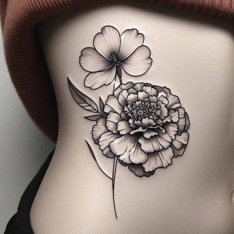 ArtStation - Marigold and Violet Tattoo - Birth Flower Tattoo Marigold Tattoos, Violet Flower Tattoo, Violet Flower Tattoos, Marigold Tattoo, Water Lily Tattoos, Butterfly With Flowers Tattoo, Violet Tattoo, Masculine Tattoos, February Birth Flowers