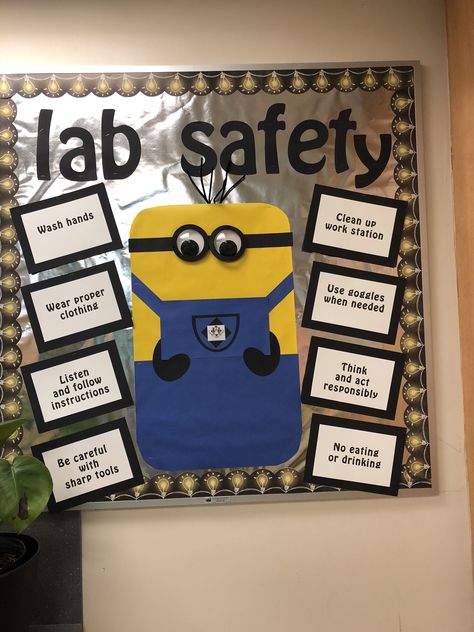 Bio Lab Decoration Ideas, Laboratory Bulletin Board Ideas, Chemistry Bulletin Board Ideas, Science Lab Bulletin Board Ideas, Facs Bulletin Board, Biology Bulletin Board, Lab Week Decorations, Lab Rules, Stem Lab Bulletin Board Ideas