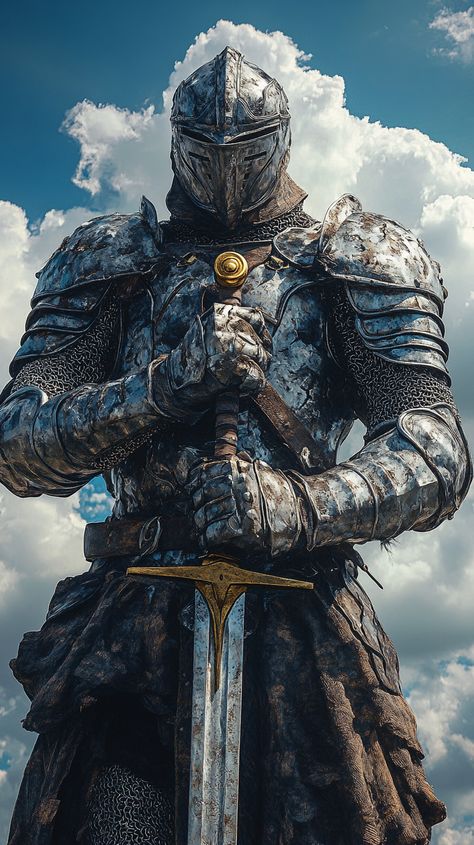 ✨ Unleash your imagination with this stunning fantasy knight concept art! ⚔️ Dressed in intricate armor, this armored hero stands tall in a front view, ready for adventure. Crafted in the expressive styles of Greg Rutkowski and Michael Komarck, this highly detailed oil painting captures cinematic lighting against a serene blue sky dotted with clouds. 🌤️ With a gleaming steel gauntlet and a stri... Fantasy Knight Art, Knight Concept Art, Fantasy Knight, Greg Rutkowski, Sky Adventure, Cinematic Lighting, Knight Art, Fantasy Armor, Art Prompts