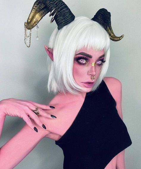 Demon Make Up, Male Demon Oc, Demon Halloween Costume, Demon Outfit, Pink Demon, Male Demon, Demon Oc, Demon Costume, Cosplay Horns