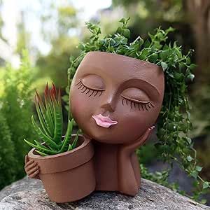 Dolkgy Face Flower Pot Head Planter, Black Woman Unique Planters for Indoor Outdoor Plants, Novelty Plant Pots Lady Vase with Drainage Hole Home Garden Succulents Cactus Unique Planters, Garden Succulents, Head Flower, Face Flower, Cute Smiley Face, Succulents Cactus, Face Planters, Head Planters, Unique Planter