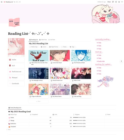 Reading List | Kawaii Aesthetic Notion Template | Cute Pink Notion Template | Book Tracker | Manga Tracker | Fanfic Tracker #freenotiontemplates #readinglist #notion #notiontemplate #notiontemplates #cutenotiontemplates #kawaii #kawaiinotiontemplates #booktracker #yearlyreadinggoal #manga #fanfiction #books #reading Notion For Books, Notion Reading List Aesthetic, Reading List Notion Template Ideas, Reading Log Notion Template, Notion To Do List Template Aesthetic, Notion Book Shelf Template, Notion Reading Template Free, Notion Game Template, Reading Log Notion