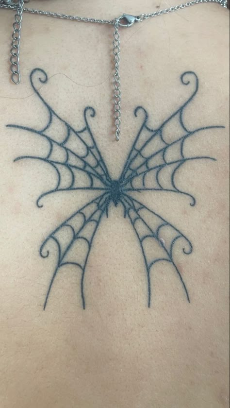 Web Butterfly Tattoo, Spider Tattoo Sternum, Shoulder Web Tattoo, Butterfly Spiderweb Tattoo, Spider Web Tramp Stamp, Spiderweb Butterfly Tattoo, Shoulder Spider Web Tattoo, Spider Butterfly Tattoo, Heart Shaped Spider Web Tattoo