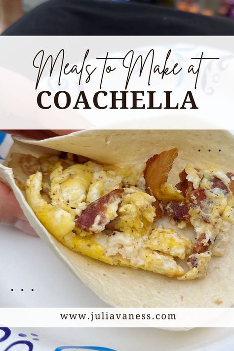 bacon and egg burrito coachella camping meals Coachella Car Camping, Coachella Food, Coachella Camping, Meals For Camping, Music Festival Camping, Affordable Meals, The Best Snacks, Best Snacks, Camping Dinners