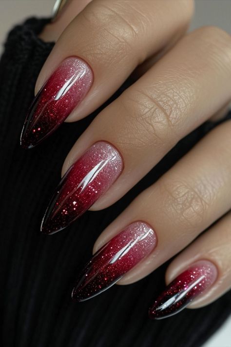 #NailArt,#BlackOmbreNails,#2024Trends Red And Black Ombre Nails Glitter, Burgandy Ombré Nails, Red And Black Glitter Nails, Black And Gold Ombre Nails, Black Nails With Red Glitter, Red Glitter Ombre Nails, Dark Red Ombre Nails, Black And Red Ombre Nails, Christmas Ombre Nails