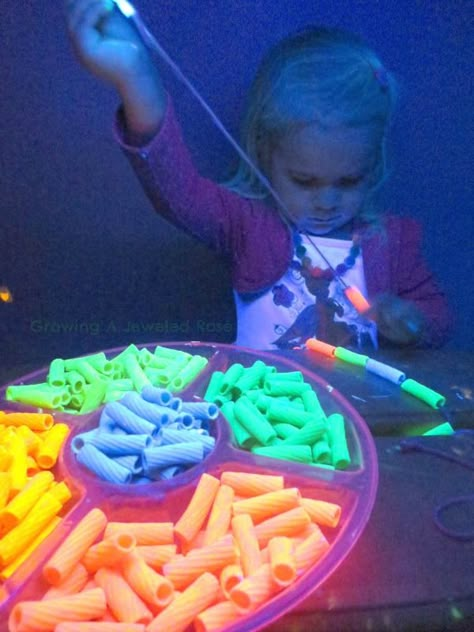 glowing pasta necklaces Rainbow Noodles, Sensory Play Activities, Glow Sticks, Play Activities, Chicago Illinois, Sensory Play, Led Neon Signs, Led Neon, Noodles