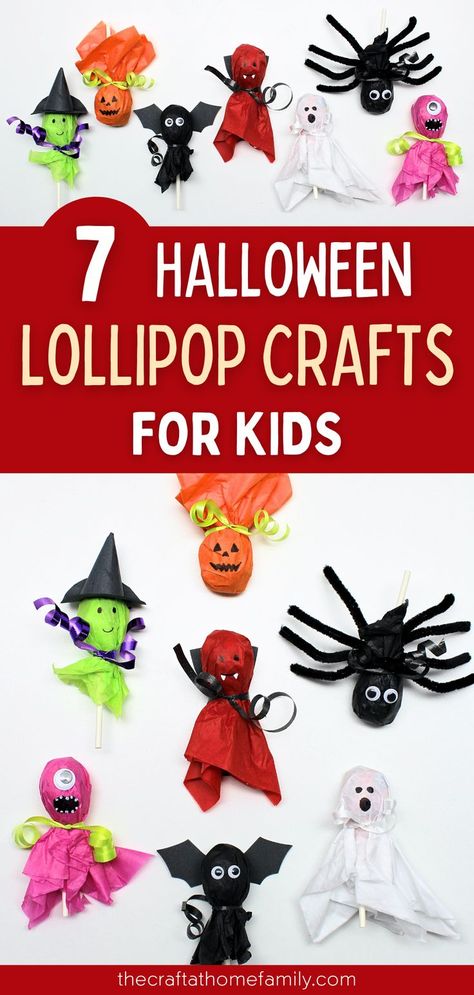 Halloween Crafts With Candy, Easy Halloween Craft For Classroom, Halloween Lollipops Diy, Halloween Suckers Diy, Spider Candy Ideas, Dum Dum Halloween Ideas, Lollipop Halloween Treats, Lollipop Broomsticks, Ghost Lollipops Tootsie Pops