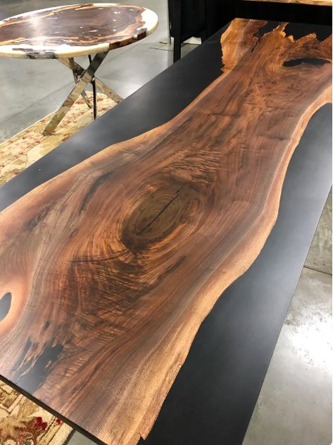 Floating slab - side epoxy Resin Pour Table, Drive Ways, Live Edge Counter, English Walnut, Resin Pour, Black Resin, Black Cabinets, Conference Table, Rustic Dining Table