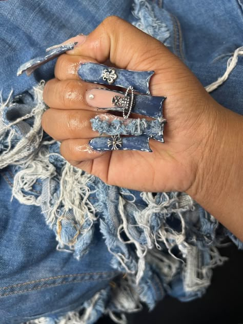 Jean Nails Design, Denim French Tip Nails, Blue Jean Nail Design, Denim Acrylic Nails, Von Dutch Nails, Xxl Duck Nails, Blue Jean Nails, Denim Duck Nails, Denim Nails Acrylic