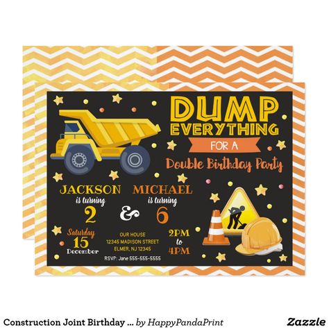 Double Birthday Parties, Sibling Birthday Parties, Combined Birthday Parties, Construction Birthday Parties, Boy Birthday Invitations, Twin Birthday, Construction Party, Construction Birthday, 1st Birthday Invitations