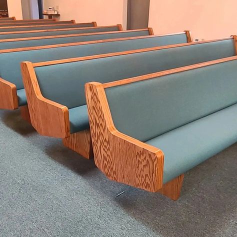 Our skilled craftsmen refinished and re-upholstered 39 pews for New Hope Baptist Church Seaside, CA. Church Building Design, Church Pews, Church Interior Design, Church Furniture, Church Pew, Church Interior, Church Building, Church Design, We Are Family