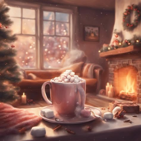 Christmas aesthetic hot chocolate, steaming with marshmallows, in front of a cozy fireplace, painted in a pastel color palette, surreal and imaginative, Hot Chocolate Illustration Art, Aesthetic Hot Chocolate, Winter Cabin In The Woods, Illustrations Aesthetic, Bathroom Curtains Ideas, Fireplace Painted, Wallpaper Iphone Ipad, Spotify Playlist Names, Gojo Satoru Wallpaper