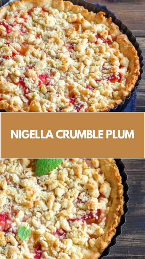 Nigella Crumble Plum combines fresh plums, butter, oats, and a touch of ginger for a comforting dessert. This recipe requires 50 minutes to bake and serves 6. Recipes Using Canned Plums, Plums Recipes Dessert, Plum Dessert Recipes, Plum Pie Recipe, Plum Recipe, Roasted Plums, Plum Dessert, Canned Plums, Plum Crumble