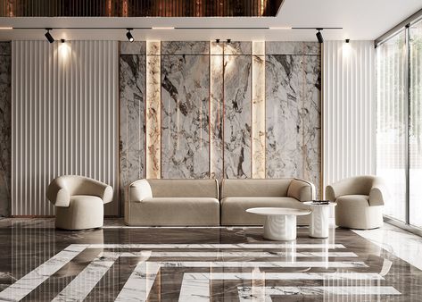 Living Room Designs Marble Wall, Living Room With Marble Wall, Marble In Living Room, Showroom Wall Design, Marble On Wall, Wall Marble Design, Marble Wallpaper Living Room, Stone Wall Interior, Marble Projects